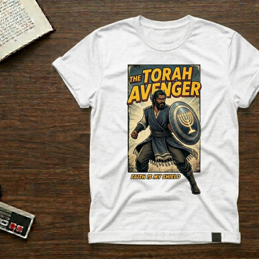 Torah Avenger T-Shirt — Hebrew Superhero Graphic Tee (Menorah Shield)